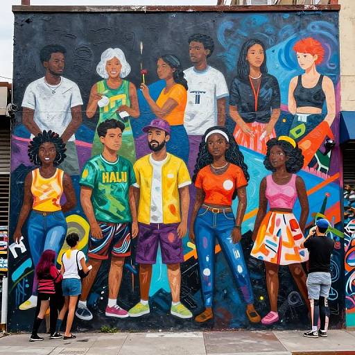 Vibrant mural of diverse family: men, women, children in colorful clothes, standing and sitting, painted on urban wall, rich textures and expressions
