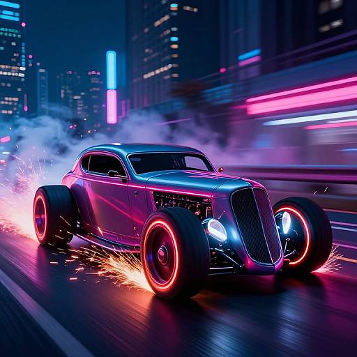 Neon-lit cyberpunk city night: sleek, futuristic silver car with glowing blue headlights and vibrant pink accents speeds down a wet street, splashing