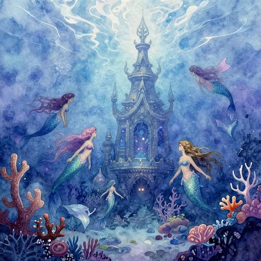 Digital art: Underwater scene with three mermaids, colorful coral, and a glowing castle. Mermaids have long hair, shimmering scales, and