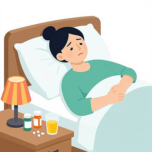 Digital illustration of a sick woman with black hair in a bun, wearing a green shirt, lying in bed with a lamp, medicine, and glass on