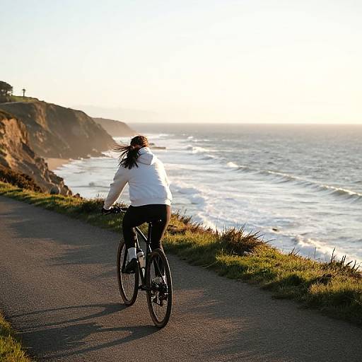 Photograph of a woman with long black hair in a white jacket and black pants, riding a bicycle along a coastal path at sunset, with ocean waves