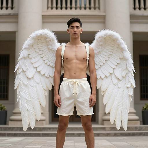 Photograph of a young, shirtless man with large, white angel wings and white shorts standing in front of a classical building.