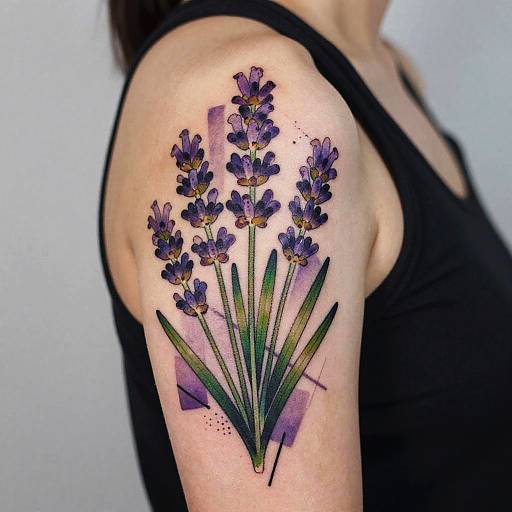Photograph of a woman's upper arm tattoo featuring vibrant purple and yellow flowers with green leaves, accented by purple geometric shapes, wearing a black sleeve