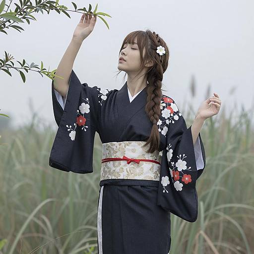 East Asian Woman in Black Floral Kimono Outdoors