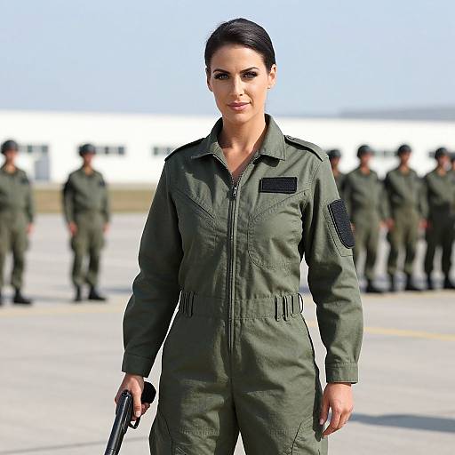 Photograph of a confident woman with dark hair in an olive green military jumpsuit, holding a gun, standing on an airfield with blurred uniformed