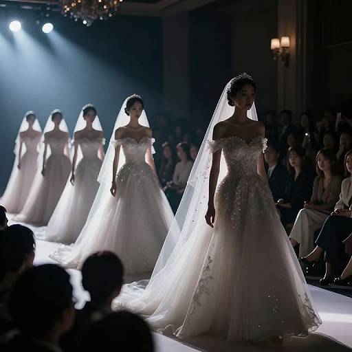 Photograph of six brides in white, off-shoulder, beaded wedding dresses with veils, walking a dimly lit runway under spotlights