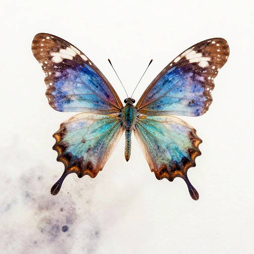 Digital artwork of a vibrant butterfly with blue, teal, and brown wings, speckled with white dots, against a white background.