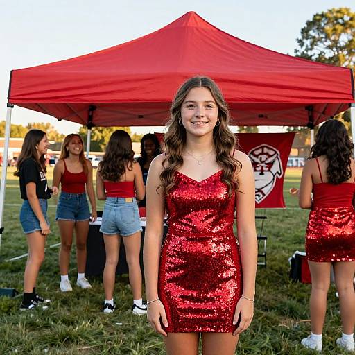 Student in Red Sequin Dress at Festival