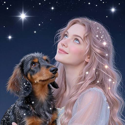 Digital artwork of a fair-skinned woman with long pink hair, blue eyes, and a sparkling aura, gazing at a black and tan dach