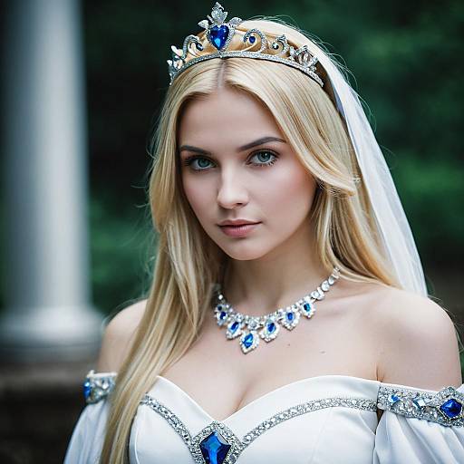 Blonde Woman in White Dress with Blue Gem Tiara
