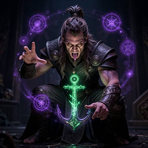 Fantasy CGI image of a fierce, long-haired wizard with tattoos, dark armor, glowing green cross, and purple magical circles, crouching menacing