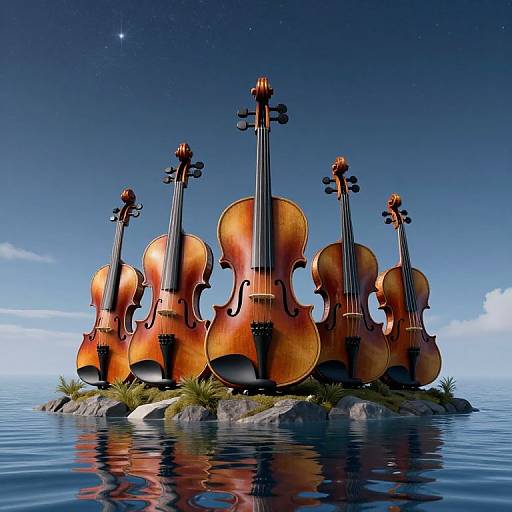Digital artwork of five wooden violins standing on a small, grassy island in calm, reflective water under a clear, starry blue sky.