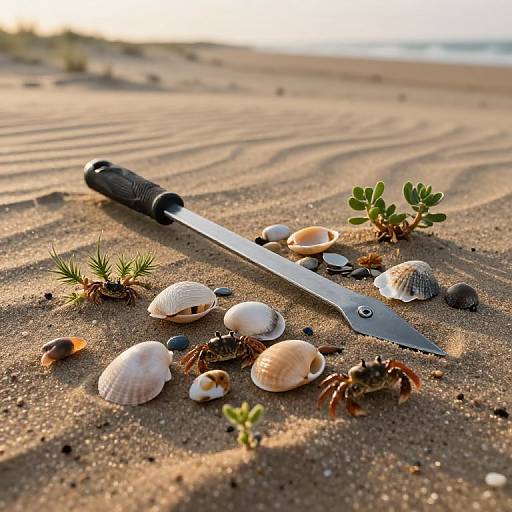Photograph of a black-handled knife with a silver blade, surrounded by seashells, small plants, and sand on a sunlit beach.