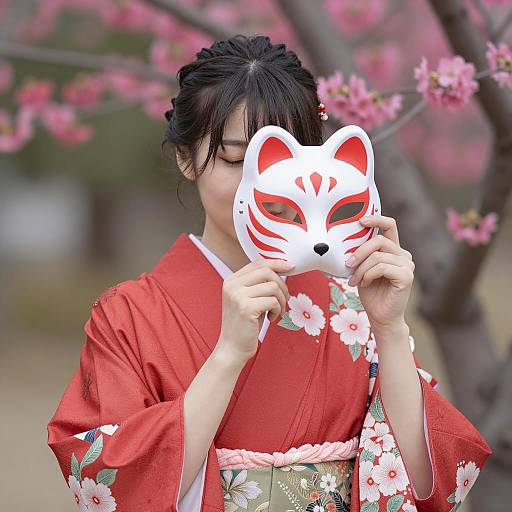 Japanese Woman with Fox Mask in Red Kimono