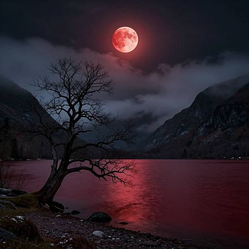 Photograph of a dark, misty night with a bright red full moon, reflecting on a red-tinted lake, and a barren tree in
