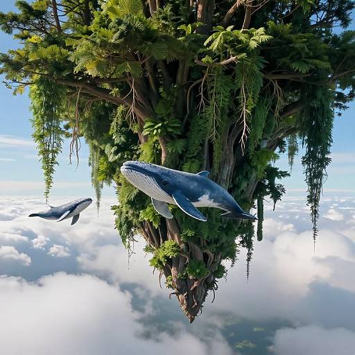 Photorealistic digital art of a floating tree island with lush greenery, two sharks—one large, one small—above fluffy white clouds.