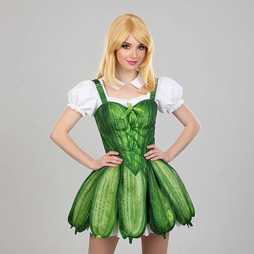 Digital CGI of a blonde woman in a green, leaf-patterned dress with white puffed sleeves, standing against a plain white background.