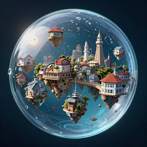 Digital artwork of a surreal, floating village inside a transparent blue sphere with red-roofed houses, towers, and boats, set against a dark cosmic