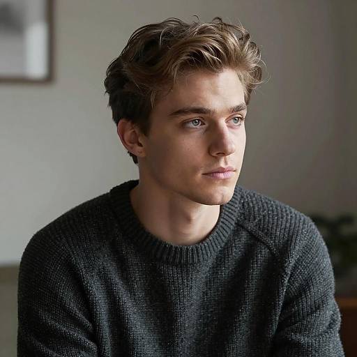 Thoughtful Young Man in Dark Knit Sweater