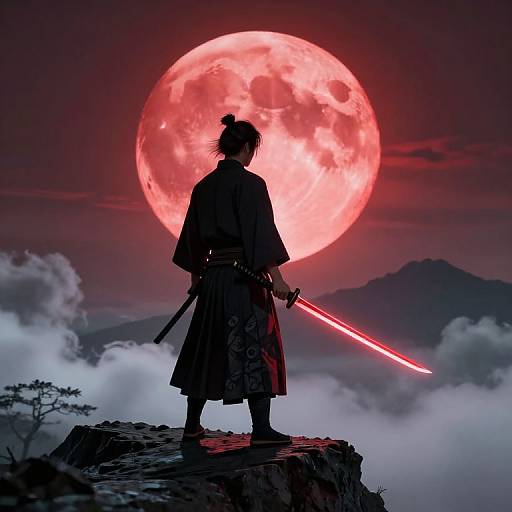 Epic Samurai Under Red Moon