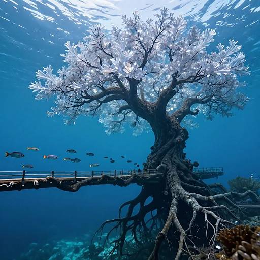 Photograph of an underwater scene with a gnarled, white, coral tree, surrounded by fish swimming near a wooden bridge. Blue ocean background.