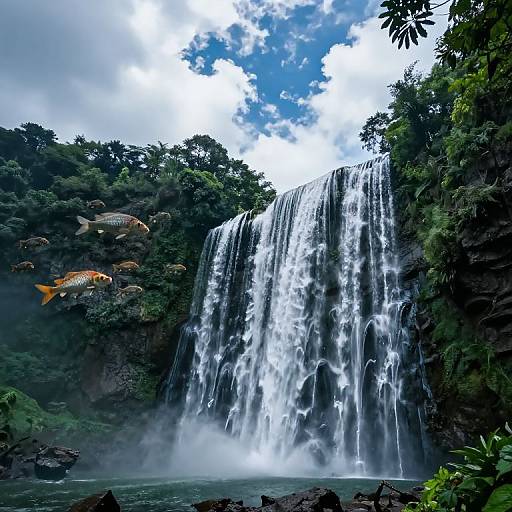 Photograph of a lush, tropical waterfall with cascading white water, surrounded by dense greenery, and three orange fish swimming in the misty pool