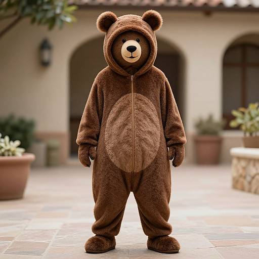 Photograph of a person in a brown bear costume with a white snout, standing on a tiled patio in front of a beige building with arched