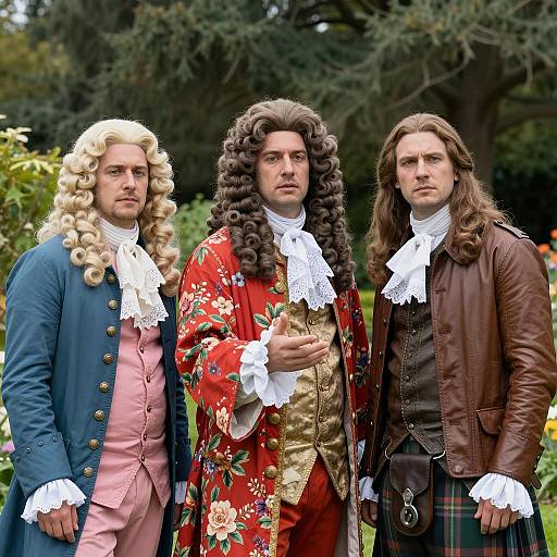 Three Men in 18th Century Attire in Garden