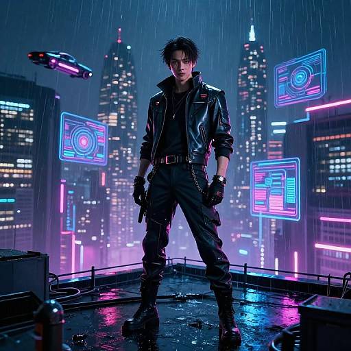 Cyberpunk neon cityscape at night, rain pouring down. Young man in black leather jacket, black pants, and gloves, standing confidently on a