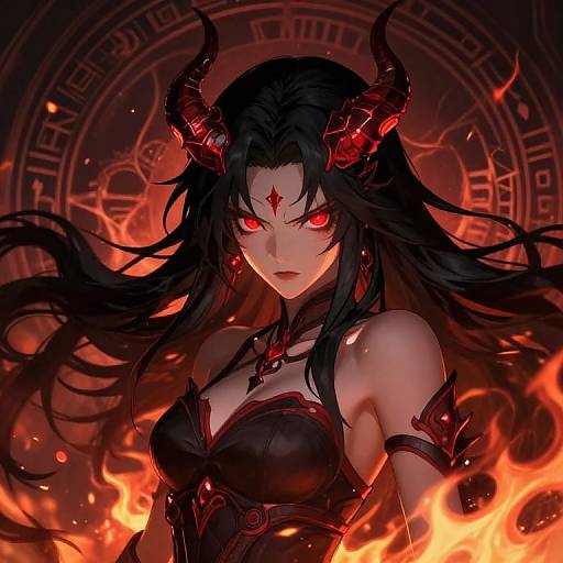 Digital artwork of a fierce, red-eyed demoness with black hair, red horns, and fiery background, wearing a black, ornate, strapless