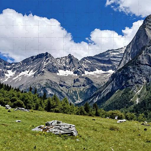 Photograph of a vibrant mountain landscape with snow-capped peaks, lush green grass, scattered rocks, pine trees, and a bright blue sky with fluffy