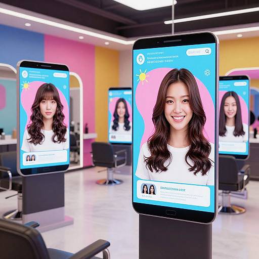 Photograph of a modern salon with four large, vertical smartphone displays showing a smiling Asian woman with long, wavy black hair against a colorful background.