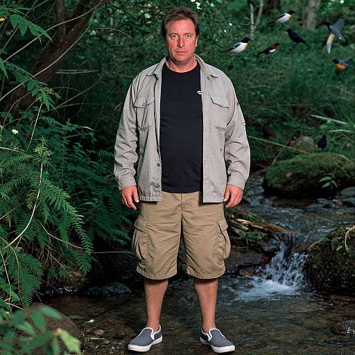 Photograph of a middle-aged man with short brown hair, wearing a light jacket, black shirt, beige cargo shorts, and black-and-white sneakers,