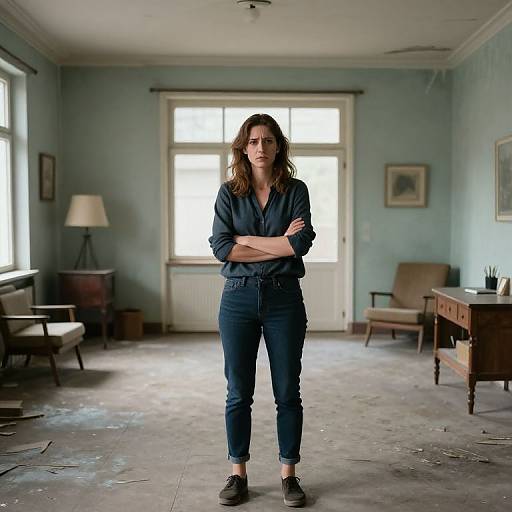 Photograph of a serious woman with wavy brown hair, wearing a blue button-up shirt and jeans, standing with arms crossed in a dimly lit