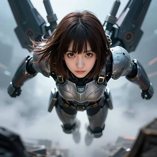 Digital CGI image of an Asian woman with brown hair, wearing futuristic black and silver armor, looking up intensely from a high angle. Background is a bright