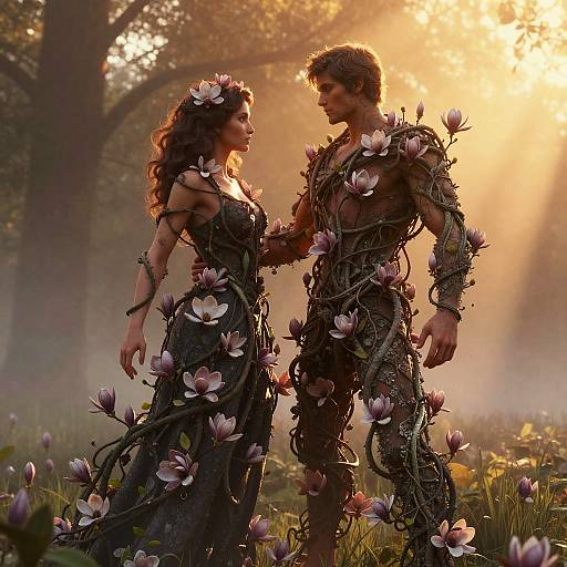 Intertwined Human Bodies with Magnolia Vines