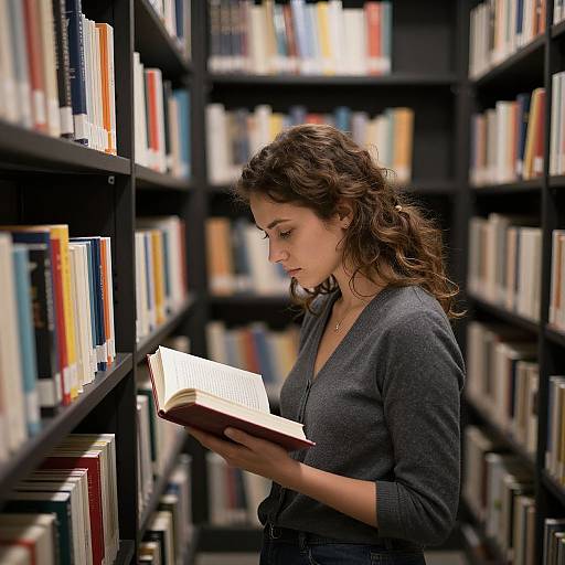 Photograph of a curly-haired woman in a gray sweater, reading a book in a library aisle with tall, colorful bookshelves.