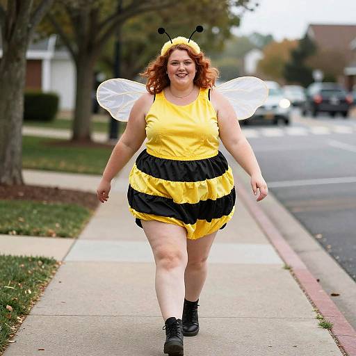 Plus Size Woman in Bumble Bee Costume Walking Outdoors
