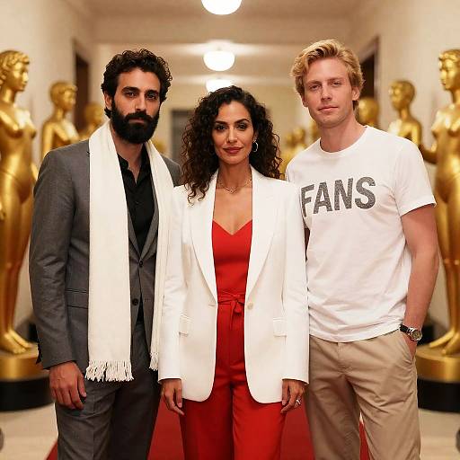 Elegant Trio Amidst Golden Statues