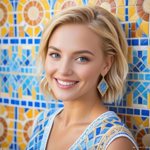 Smiling Blonde Woman with Roman Mosaic Background