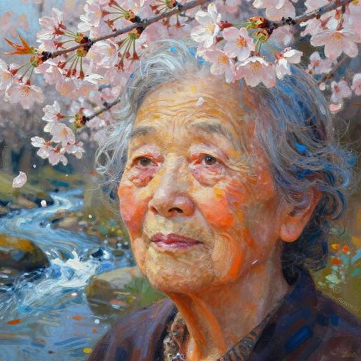 Digital painting of an elderly Asian woman with gray hair, smiling under cherry blossoms, with a flowing stream in the background. Vibrant colors and expressive