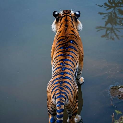 Photograph of a tiger standing in water, viewed from behind, showcasing vibrant orange and black stripes, with a reflection on the calm, blue-tint