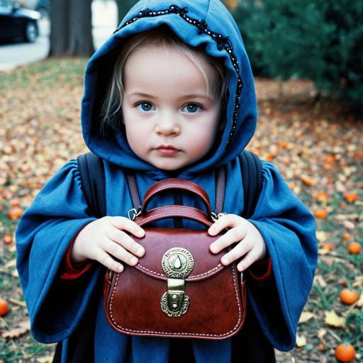 Toddler in Blue Hooded Costume Holding Brown Bag