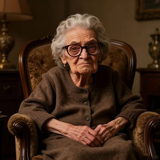 Photograph of elderly woman with curly white hair, glasses, brown cardigan, sitting in ornate armchair, hands clasped, dimly lit