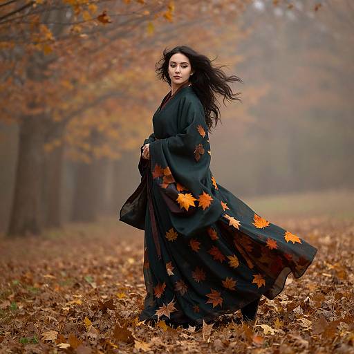 Photograph of a dark-haired woman in a black kimono with orange leaf patterns, standing in an autumn forest, surrounded by fallen leaves.
