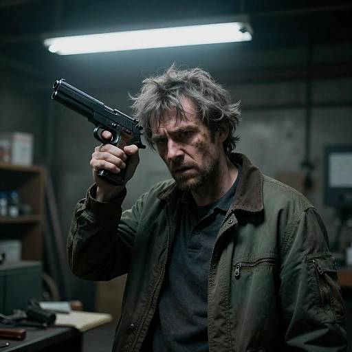 Desperate Man in Industrial Workshop