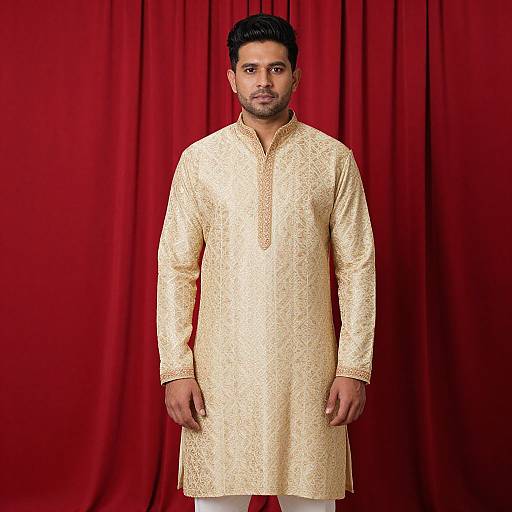 Photograph of a South Asian man with short black hair, trimmed beard, wearing a gold embroidered traditional long kurta, standing against a red draped background