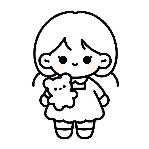 Black and white line drawing of a cute, chibi-style girl with round eyes, holding a small bear, wearing a dress. Simple, minimalist design