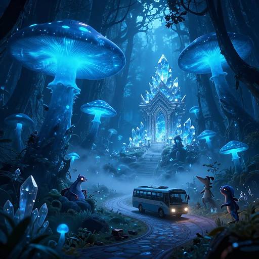 Digital fantasy artwork of a glowing blue forest with giant bioluminescent mushrooms, a small bus, and a group of explorers.