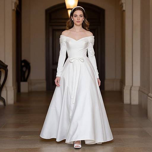 Photograph of a brunette woman in a white, off-shoulder, long-sleeve satin wedding dress, walking down a dimly lit,